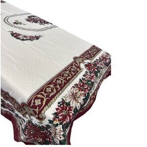 Vintage‎ Holiday Christmas Tablecloth Poinsettias Red Gold Green Approx 84"x58"